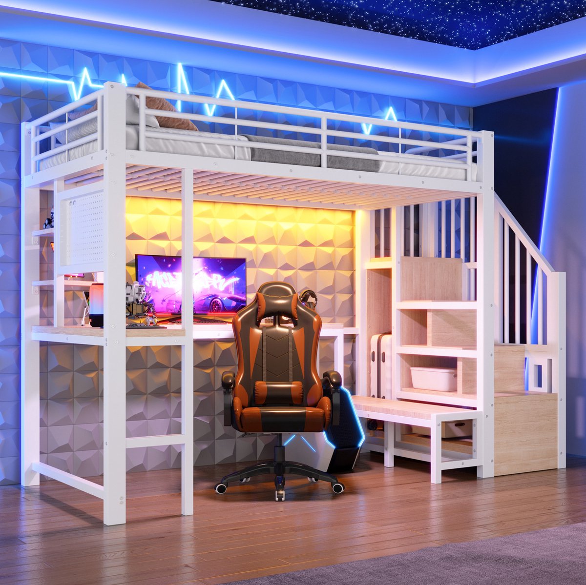 DESMIU Hoogslaper 90 x 200 cm – Bureau Met USB En USB C – Opbergruimte En Ladderkast – Voor Kinderen En Jeugdkamer – Metaal En MDF – Wit Zonder matras