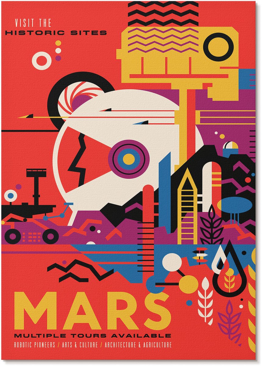 Tulup Polycanvas Wandposter - Reis Naar Mars, Illustratie - A4 - Rood Kunst - Rechthoek - Wandkunstwerk - Woonkamer, Slaapkamer, Kantoor - Popcultuur