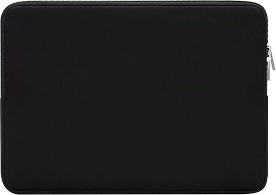 Zwarte, spatwaterdichte laptoptas van 16 inch met dubbele ritssluiting.