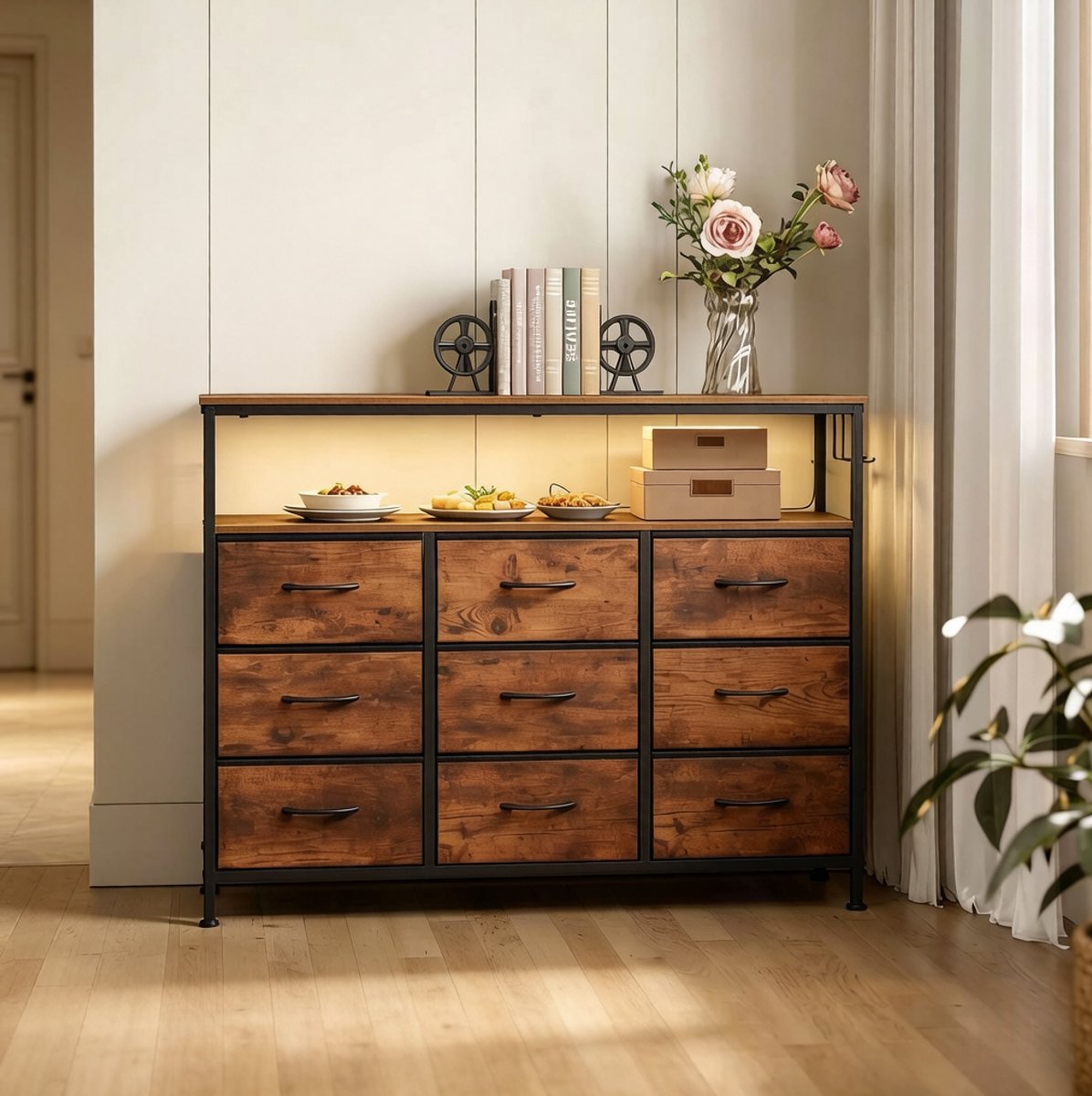 MODENUIT Ladekast - 9 Lades Met LED - Voor Woonkamer En Slaapkamer - Hout - Zwart - 110x85x30 Cm