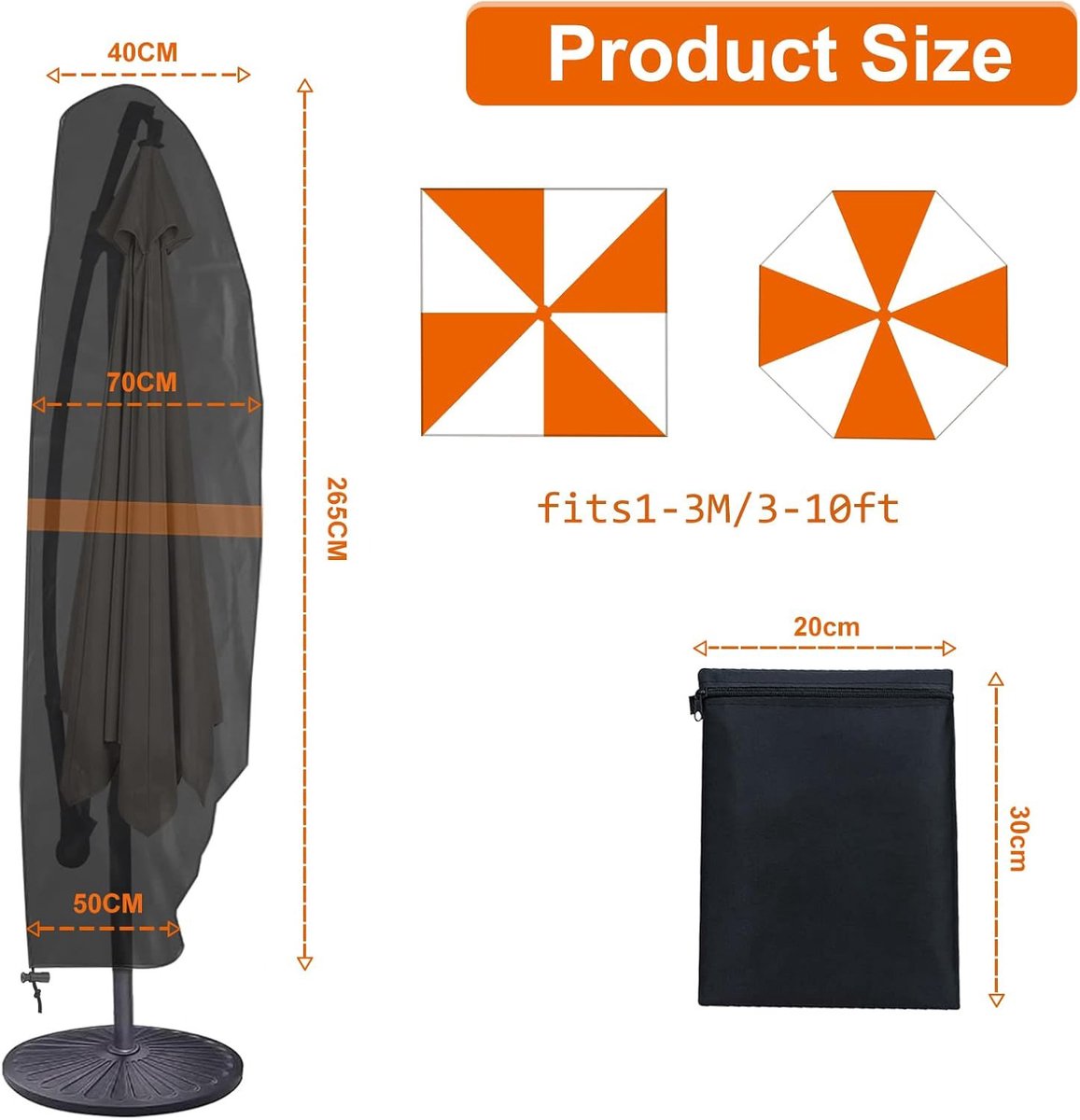 Waterdichte Parasolhoes voor Zweefparasol - 420D Oxford-stof, Telescoopstang met Ritssluiting (265 x 40/70/50 cm),Outdoor sunshade cover