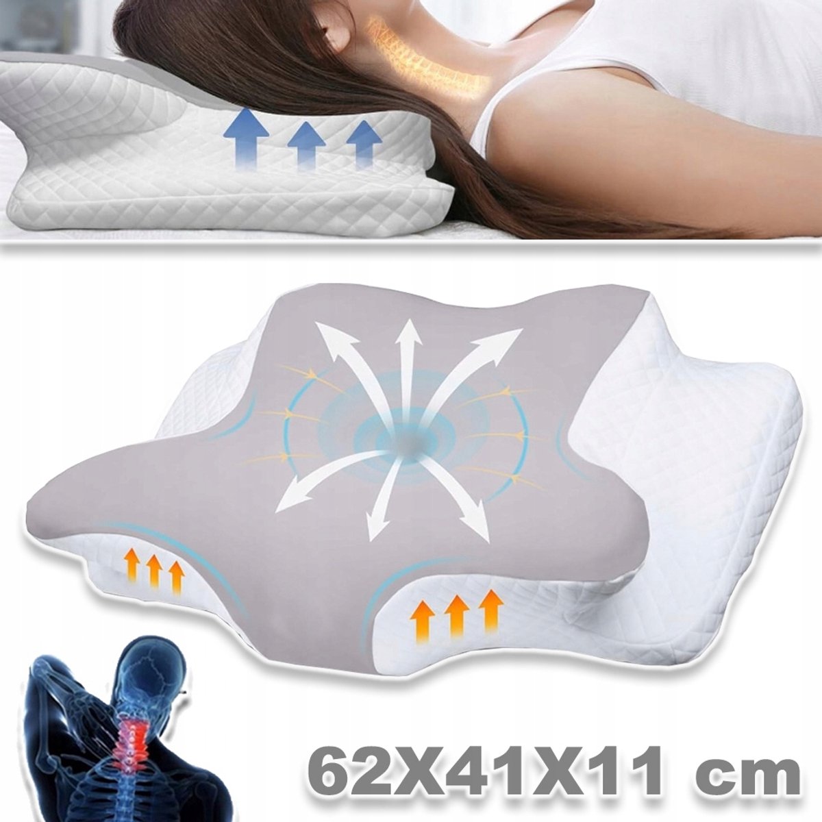Ergonomisch Traagschuimkussen met Wasbare Hoes - Hoge Dichtheid en Veerkracht - Voor Rug- en Zijslapers - Grijs & Wit 62x42 cm