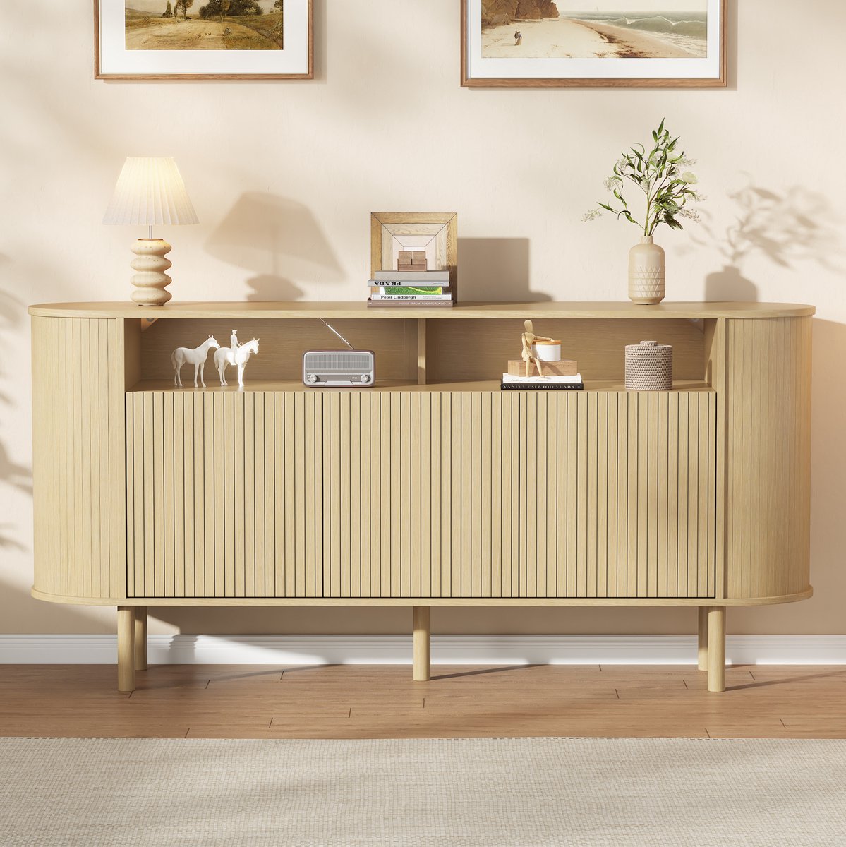 MODENUIT Dressoir - 3 Golfdeuren En Open Vakken - Woonkamer Hal Eetkamer - Spanplaat - Naturel - 160x40x78,5 Cm