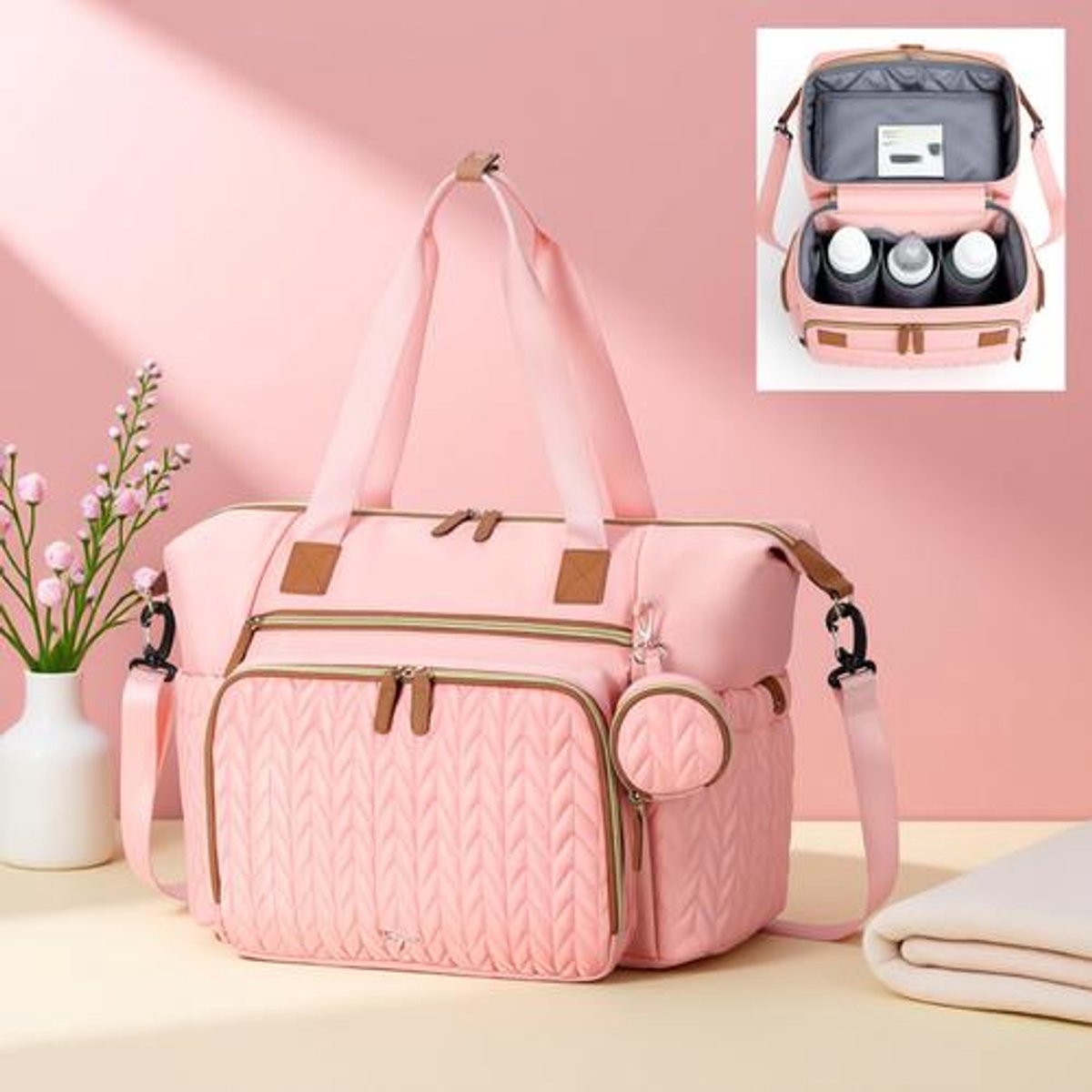 Luiertas met Fopspeentas en Aankleedonderlegger - Multifunctionele Babytas - Grote Reisluiertas voor Mama en Papa - Geïsoleerde Tassen, Roze