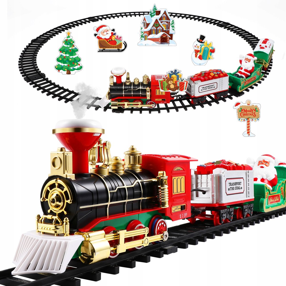 340 cm Kersttrein – Rijdt om de Kerstboom heen, Met Licht, Geluid & Rookeffect – Inclusief Kerstman, 8x Gebogen & 4x Rechte Rails – Batterij Aangedreven – Perfecte Kerstdecoratie voor Binnen