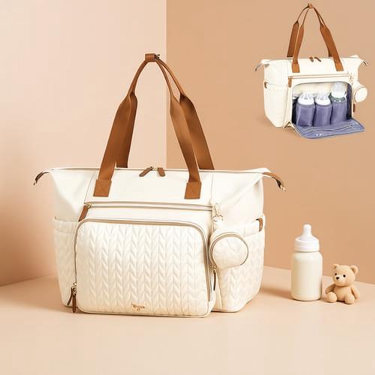 Luiertas met Fopspendeltasje en Aankleedkussen, Multifunctionele Babytas voor Grote Reisluiertas voor Mama en Papa, met Geïsoleerde Tassen - Beige