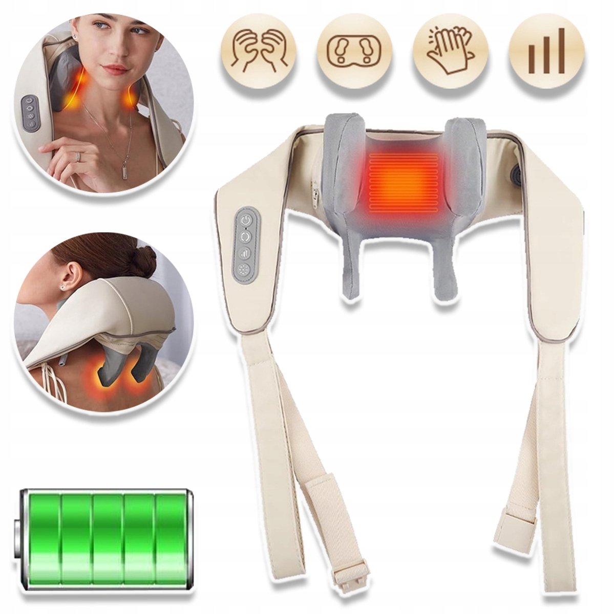 6D Massageapparaat met Warmtefunctie - 2000mAh Oplaadbaar - 10 Minuten Timer - Diepe Weefselmassage voor Nek, Benen, Armen, Buik en Taille - Wit & Grijs