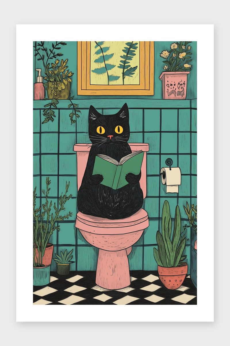 Kat Poster - Toilet - Dieren - Kunst - Humoristisch - Coole - Modern - posters - formaat 30x40cm - Wanddecoratie - BXS4976AZ - Met kader - passe-partouts stijl