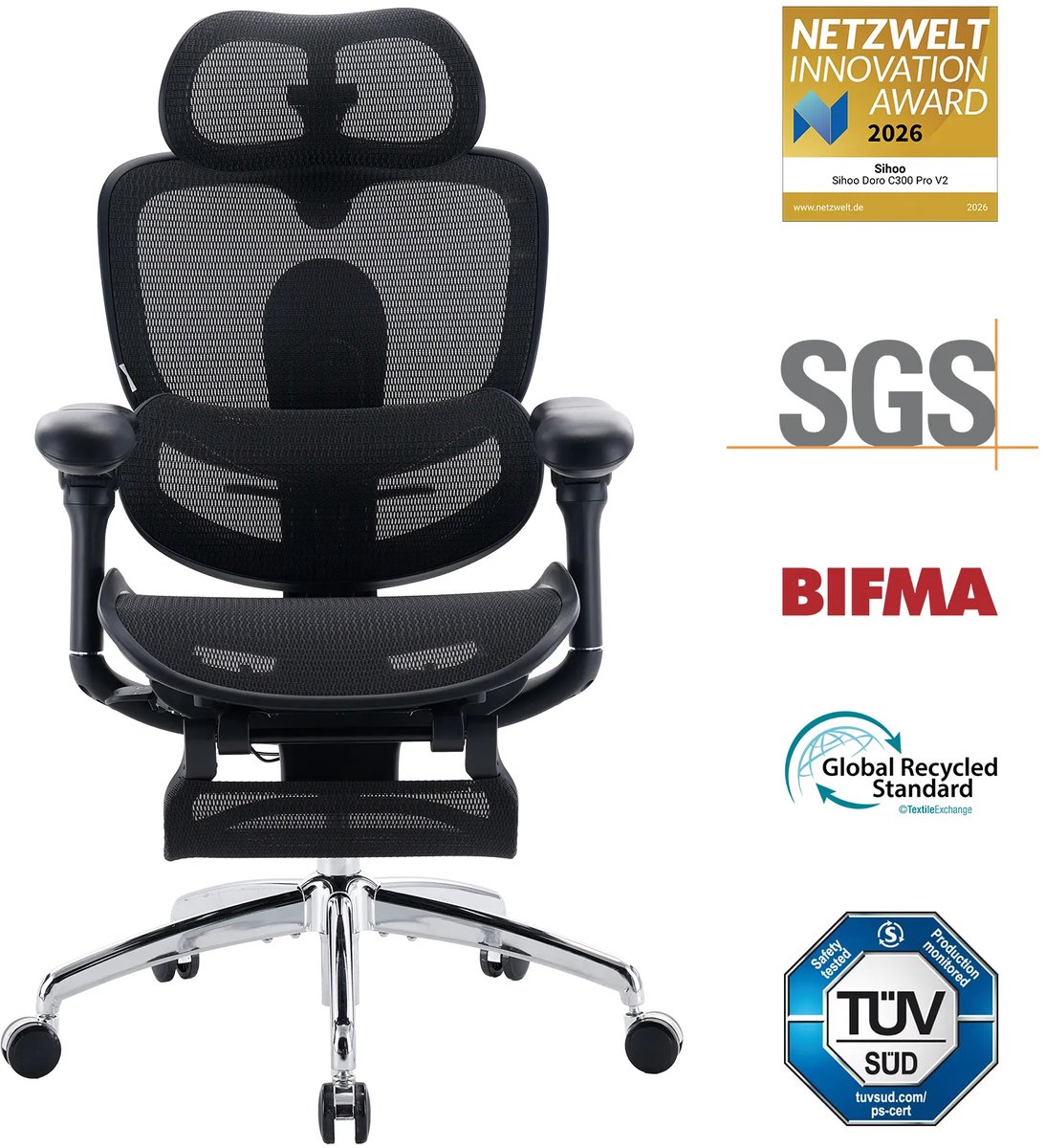 Sihoo Doro C300 Pro V2 JT - Ergonomische Bureaustoel met Full-Body Support Systeem, Zelfaanpassende Lendensteun 2.0, 3D Superwide Hoofdsteun, 8D Bionische Armleuningen, Verstelbare Zitdiepte (43-47 cm) en 135°Kantelmechanisme-Geschikt tot 150kg Zwart