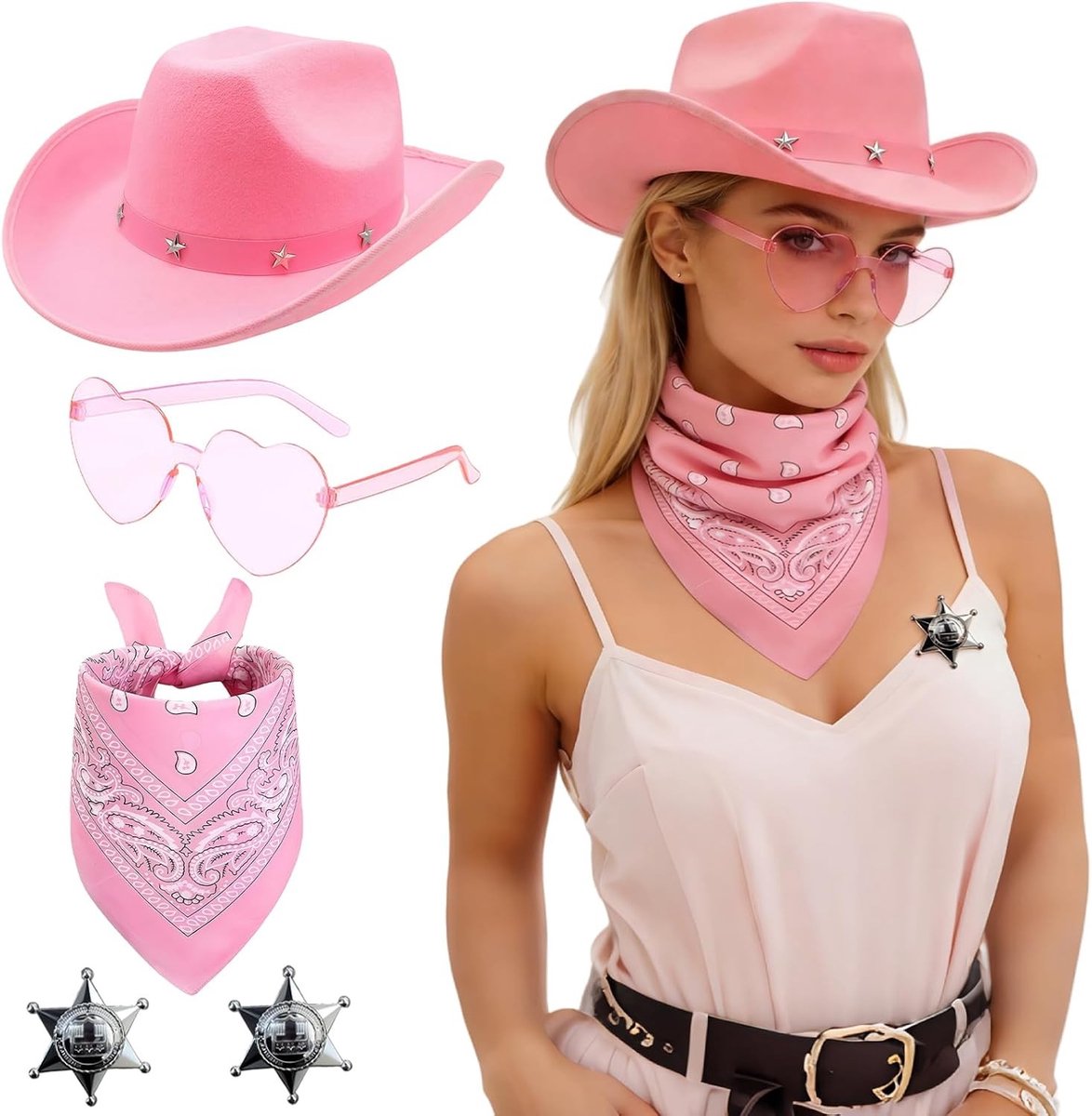 5-delige Cowboyhoed Set voor Vrouwen - Roze Western Kostuum met Hart Zonnebril, Sjaals en Badges voor Carnaval, Halloween en Feestjes