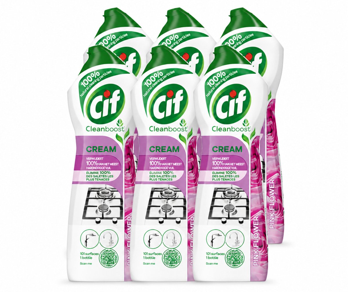 6 x Cif Cream Pink Flower - Schuurmiddel - Tegen Hardnekkig Vuil - Frisse Bloemengeur - 750 ml - Voordeelverpakking - 6 stuks