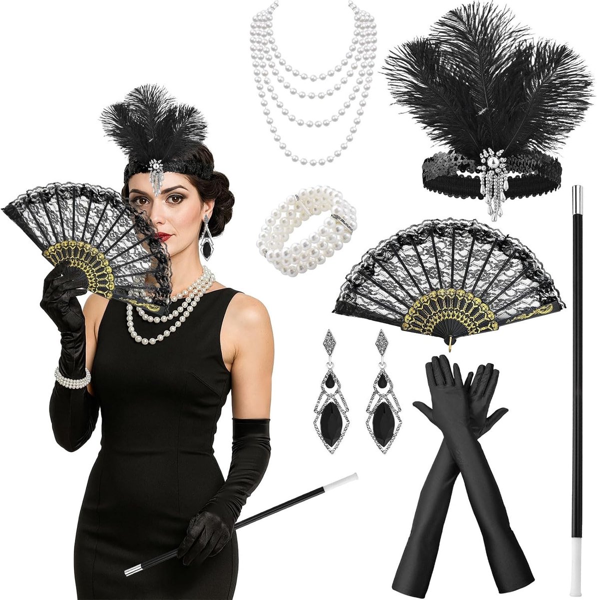 7 Stuks Jaren 20 Accessoires voor Dames, Gatsby Kostuumset en Charleston Decoraties voor Maskerade, Halloween en Feestdagen