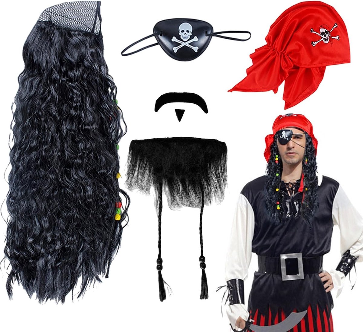 Piratenkostuum Set voor Volwassenen en Kinderen met Hoed, Baard en Ooglapje voor Halloween en Carnaval