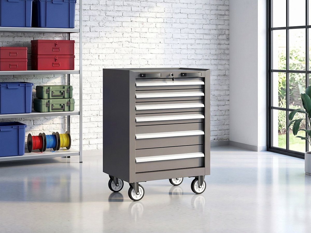 Vente-unique Werkbank op wielen in staal met 6 laden - B67 x D52 x H94 cm - Antracietgrijs ATELIOR