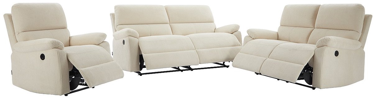 Vente-unique Driezitsbank, tweezitsbank en fauteuil - Elektrische relaxbank in Beige Ribfluweel LUNANO