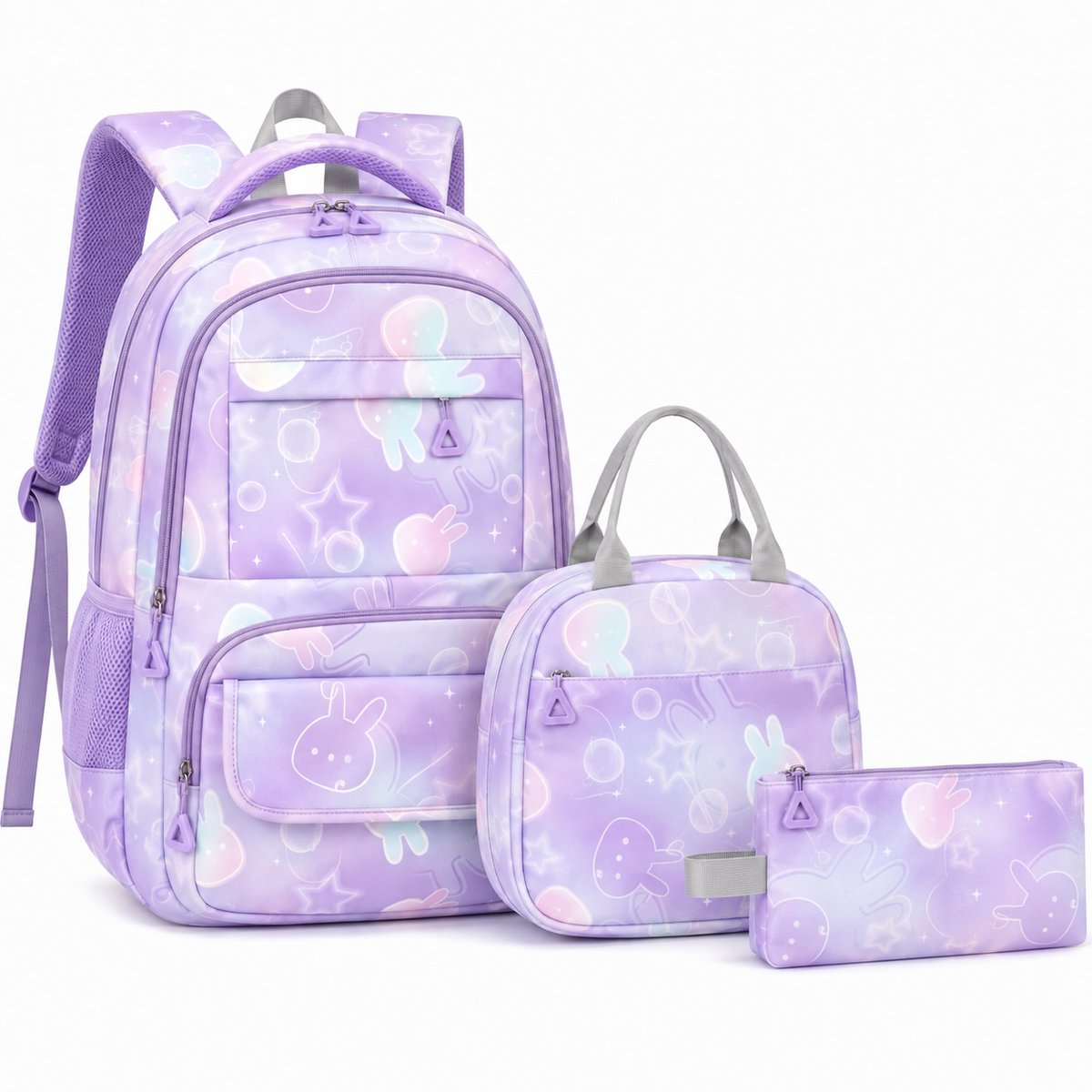 Ultiluxe® Rugzak, lunchtas en etui met konijntjes - Schoolrugzak voor kinderen - School rugtas voor meisjes - 45 x 31 x 18 cm - Meiden school tassen set - 25L - Schooltas voor meisjes - 3 stuks - Lila/paars