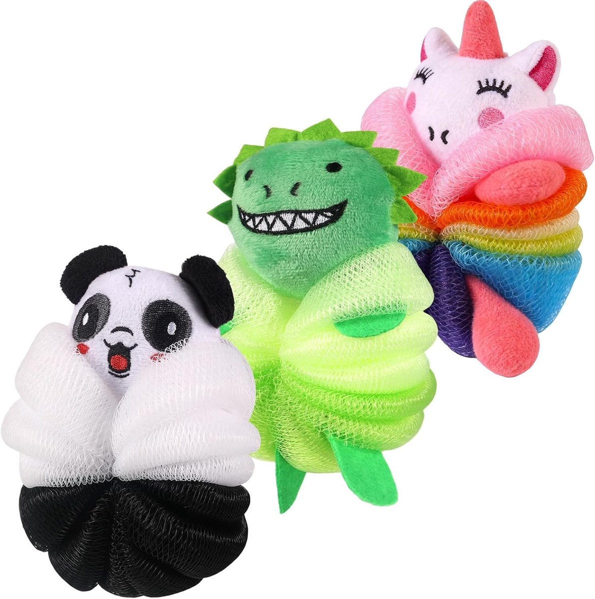 3 Stuks Mesh Bad Loofah voor Kinderen, Cartoon Dier Douche Puff en Exfoliator, Ideaal voor Lichaam Reiniging en Speelse Badervaring