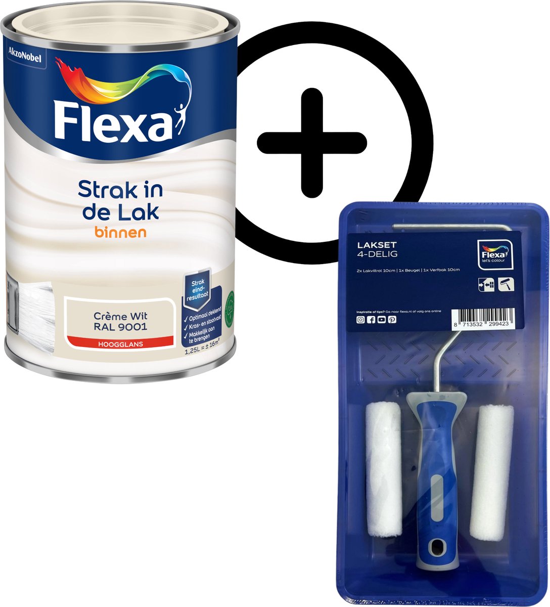 Product Bundel: Flexa - Strak In De Lak Binnenlak - Hoogglans - Crème Wit / Ral 9001 - 1,25 L + Flexa Lakset
