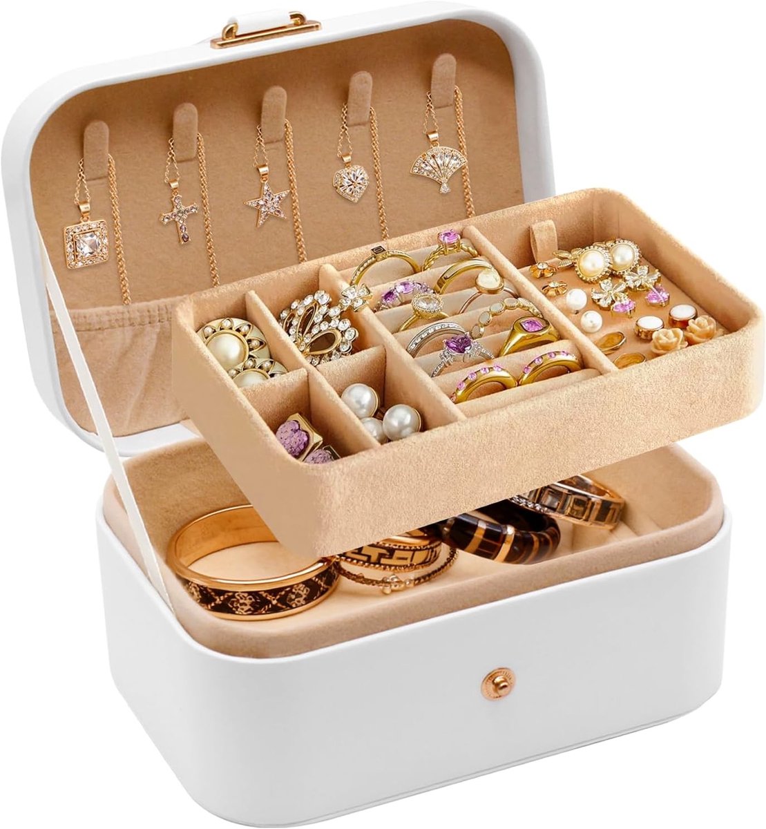 Sieradenkistje voor meisjes, 16 x 12 x 8 cm, met 2 niveaus voor oorbellen, ringen en armbanden, ideaal als reisetui in wit