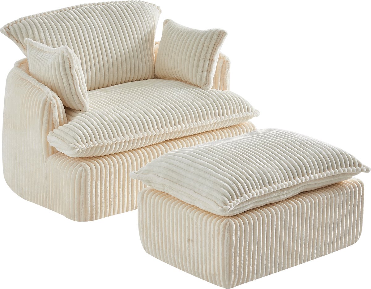 MUVANO Cloud Sofa - Beige ribstof fauteuil met poef - Compacte lounge stoel - 115x89x77 cm - Ruimtebesparend - Voor woonkamer Beige