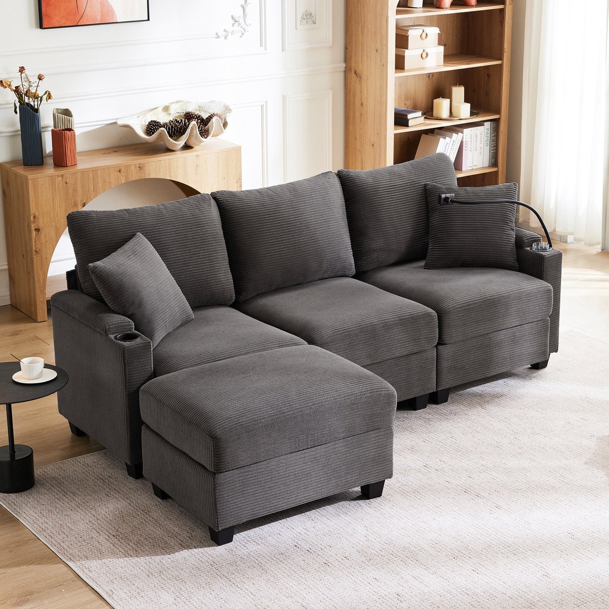 3-zits hoekbank - 213,5 x 139 x 87 cm - corduroy bekleding - met opbergruimte - met USB-aansluiting - met bekerhouders - inclusief kussens - Grijs