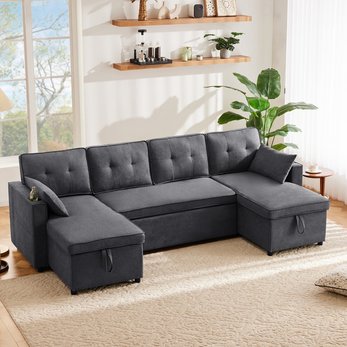 4-zits U-bank - 270 x 130 x 86 cm - linnenlook bekleding - met slaapfunctie - met opbergruimte - met bekerhouders - met armleuningen - Grijs