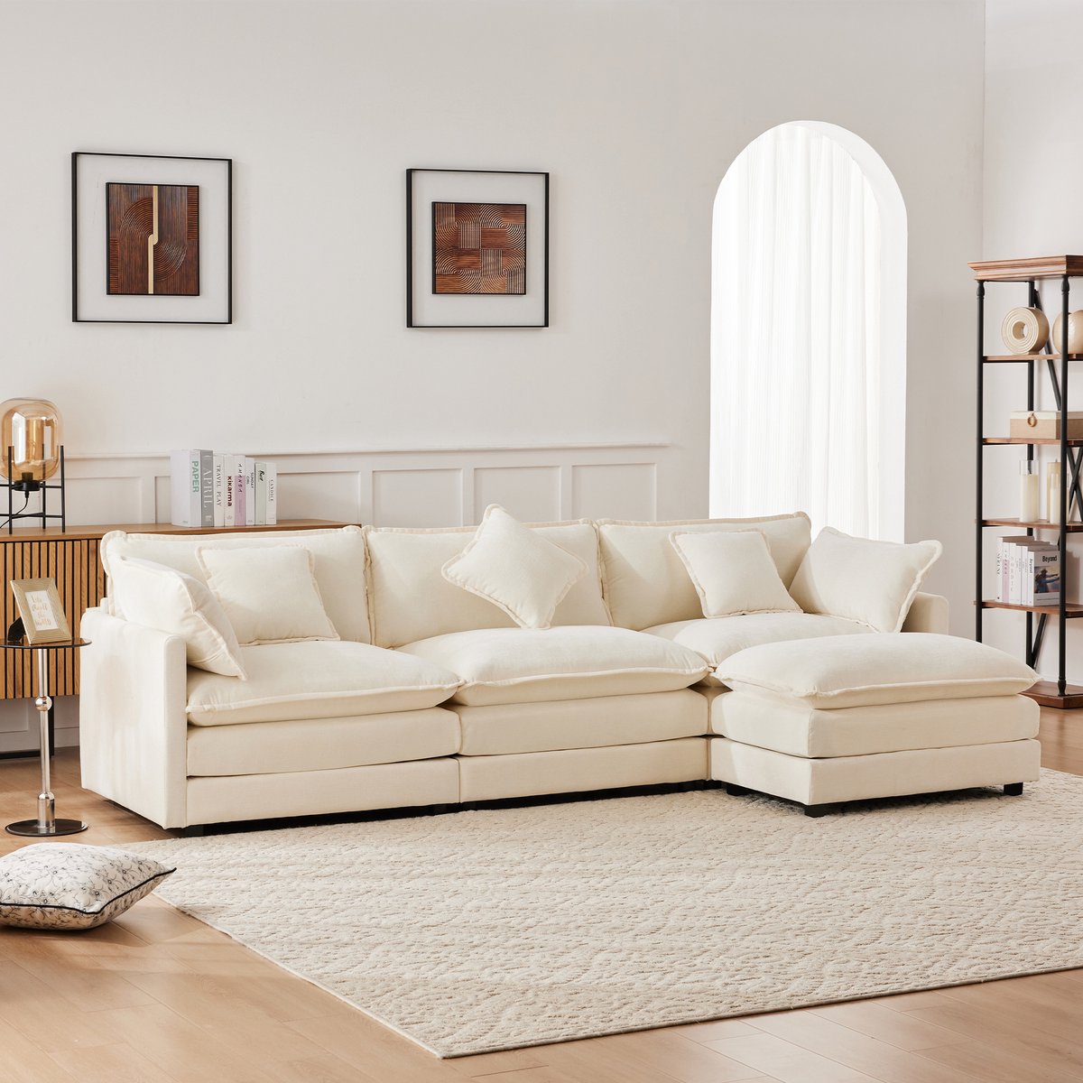 4-zits hoekbank - 283 x 147 x 84 cm - chenille bekleding - inclusief kussens - met veer- en schuimvulling - met armleuningen - Beige