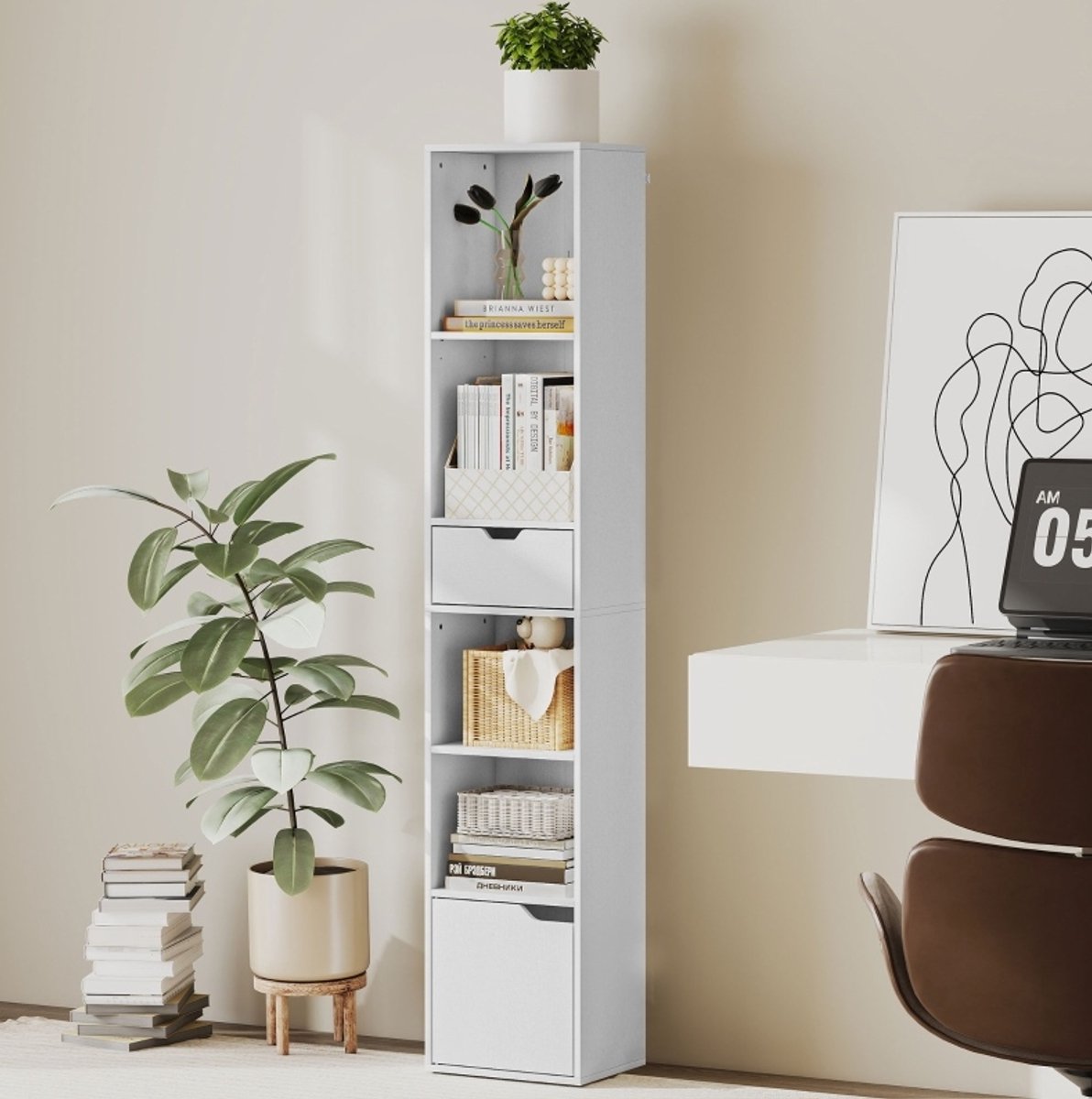 REDOM - Boekenkast - Smal ontwerp met 6 niveaus - Verstelbare plank, lade en kastdeur - Vrijstaand - Woonkamer of kantoor - Spaanplaat - Wit - 30 x 24 x 158 cm