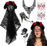 Zesdelige set - Halloweenkostuum voor volwassenen - Halloweenhoofdtooi - Hoofdtooi (met sluier) - Halsketting en armband - Roos - Tijdelijke gezichtstatoeages - Geschikt voor Halloween, carnavals, gemaskerde bals en themafeesten - Zwart
