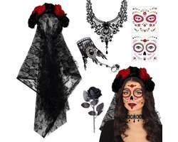 Zesdelige set - Halloweenkostuum voor volwassenen - Halloweenhoofdtooi - Hoofdtooi (met sluier) - Halsketting en armband - Roos - Tijdelijke gezichtstatoeages - Geschikt voor Halloween, carnavals, gemaskerde bals en themafeesten - Zwart