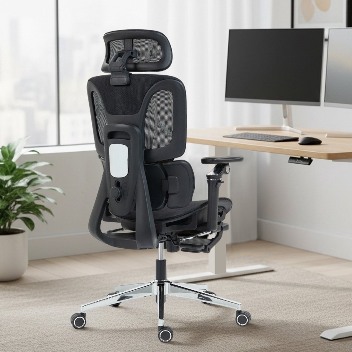 REDOM - Bureaustoel - Verstelbare hoofdsteun en lendensteun - 6D armleuningen en voetsteun - Ergonomische mesh - Kantoor - Mesh en kunststof - Zwart - 67 x 71 x 133 cm