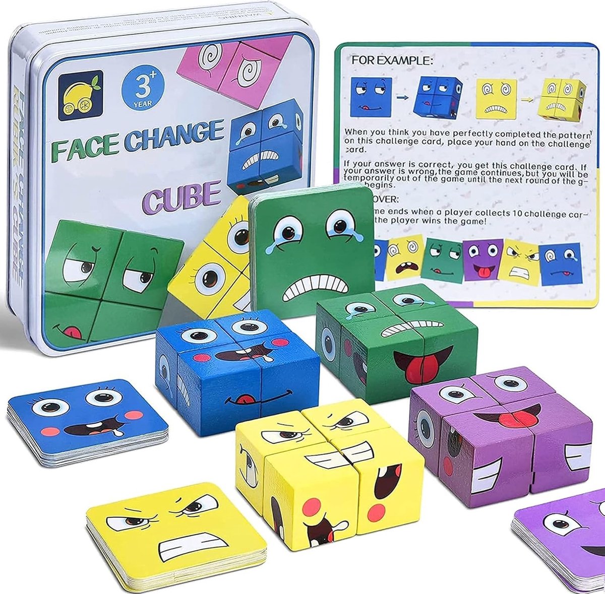 Houten Gezichtskubus Expressie Puzzel, Grappige Emoticon Spel Montessori Emoji Bouwstenen Legpuzzels met Metalen Doos, SUMAIRS Educatief Speelgoed Kinderen Geschenk voor Kerst Verjaardag