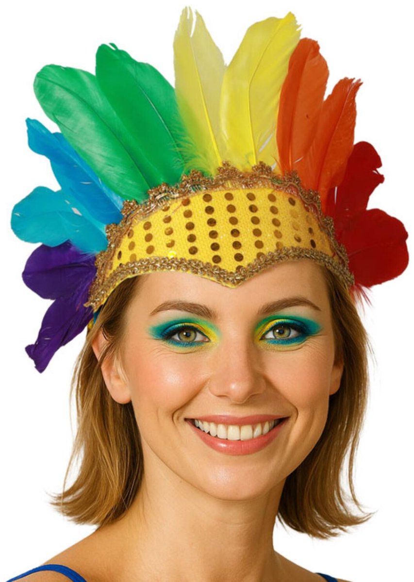 Atosa Can Can danseres hoofdband met veren - voor dames - regenboog - Carnaval - Verentooi - verkleed artikelen - Twenties - Broadway - Moulin Rouge