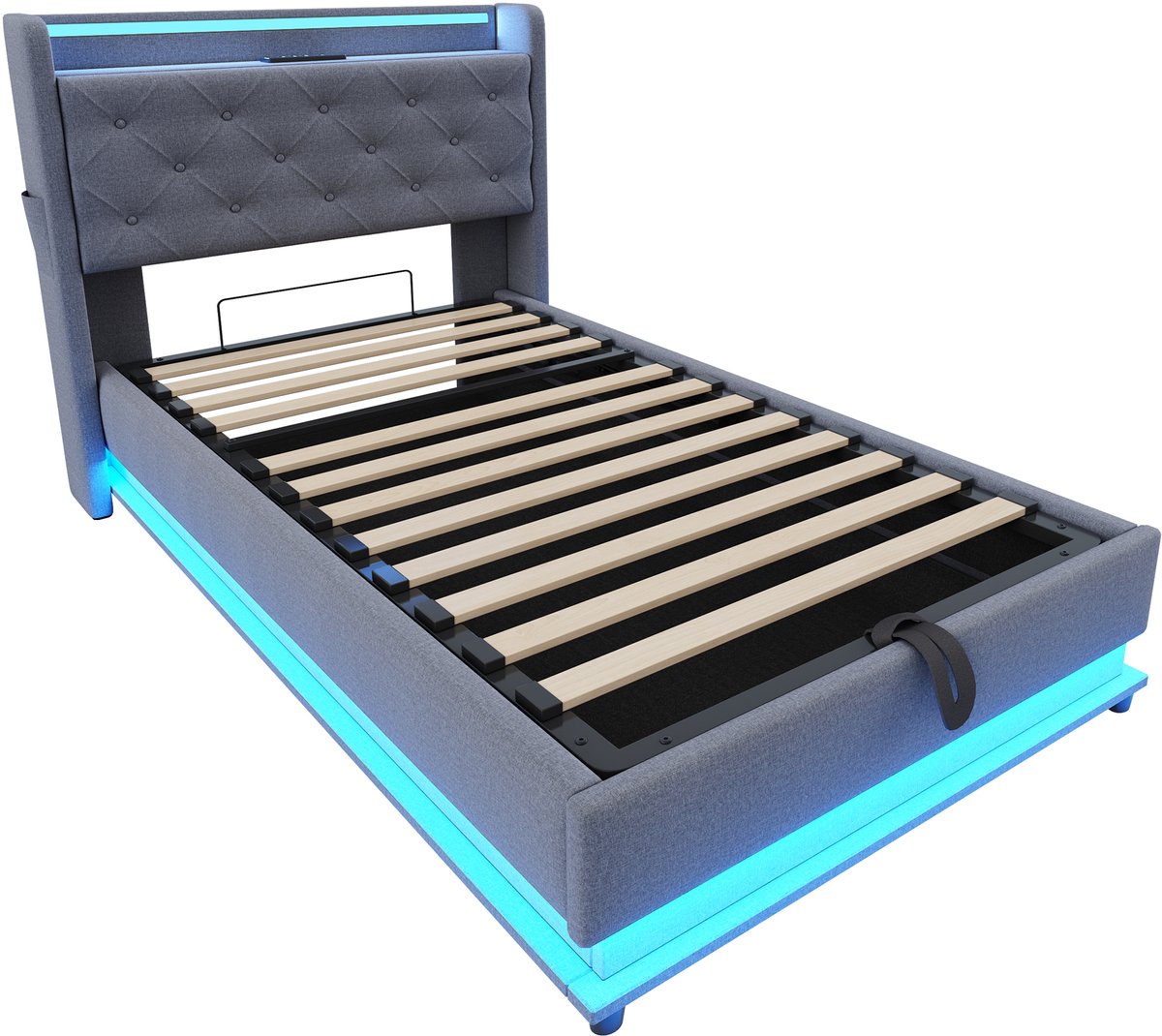 MUVANO Gestoffeerd Kinderbed 90x200 - Multifunctioneel Eenpersoonsbed - Eenpersoonsbed Met LED Verlichting - 90x200 cm - Opbergruimte - Slaapkamer Grijs