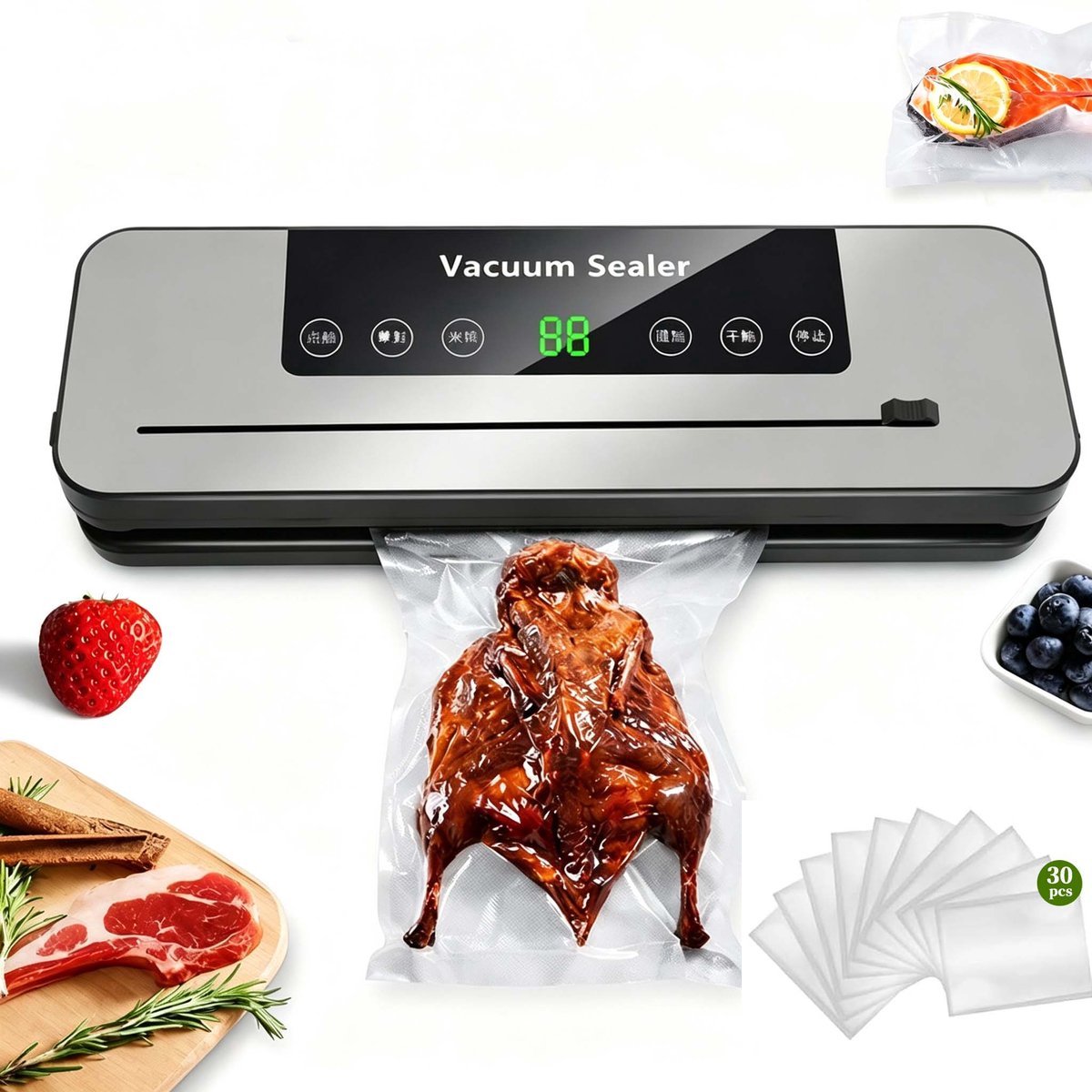 Sogiol® Foodsaver Vacumeermachine – Krachtige Vacuum Sealer voor Droog & Nat Voedsel – Met Snijder – Incl. 30 Zakken (20x30 cm)