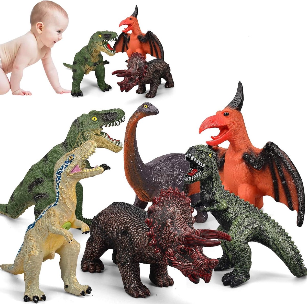 Set van 6 grote dinosaurus-speeltjes voor kinderen van 3-5 jaar en peuters – Groot, zacht speelgoed voor dinoliefhebbers – Ideaal als feestbedankje of verjaardagscadeau – Handgemaakte dinosaurussen van zacht kunststof – Veelkleurige collectie