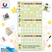 Grote magnetische beloningskaart met pictogrammen zoals Opruimen, Tandenpoetsen, Aankleden, en sterren voor zeven dagen.