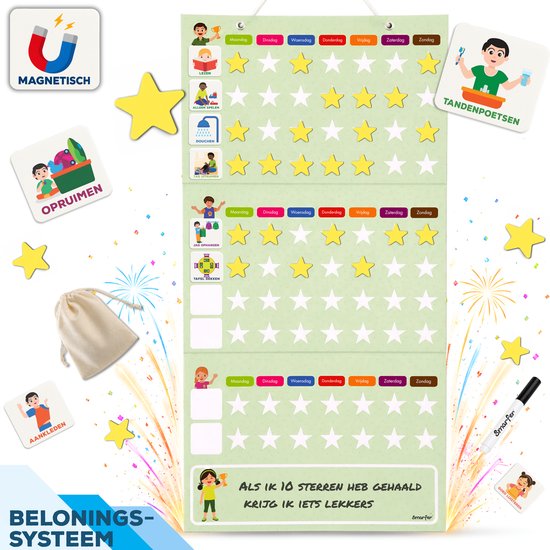 Grote magnetische beloningskaart met pictogrammen zoals Opruimen, Tandenpoetsen, Aankleden, en sterren voor zeven dagen.