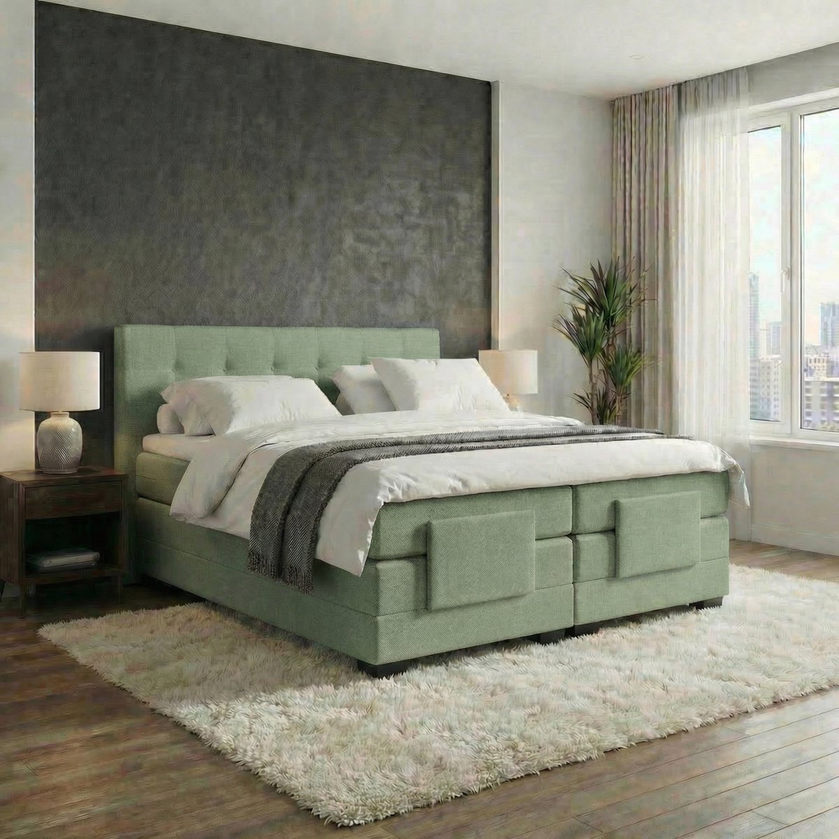 Mörgenn Elektrische Boxspring LUXA - Luxe Splittopper - Pocketvering - Groen - 90x200 cm - Inclusief Montage + Dekbed en Kussens