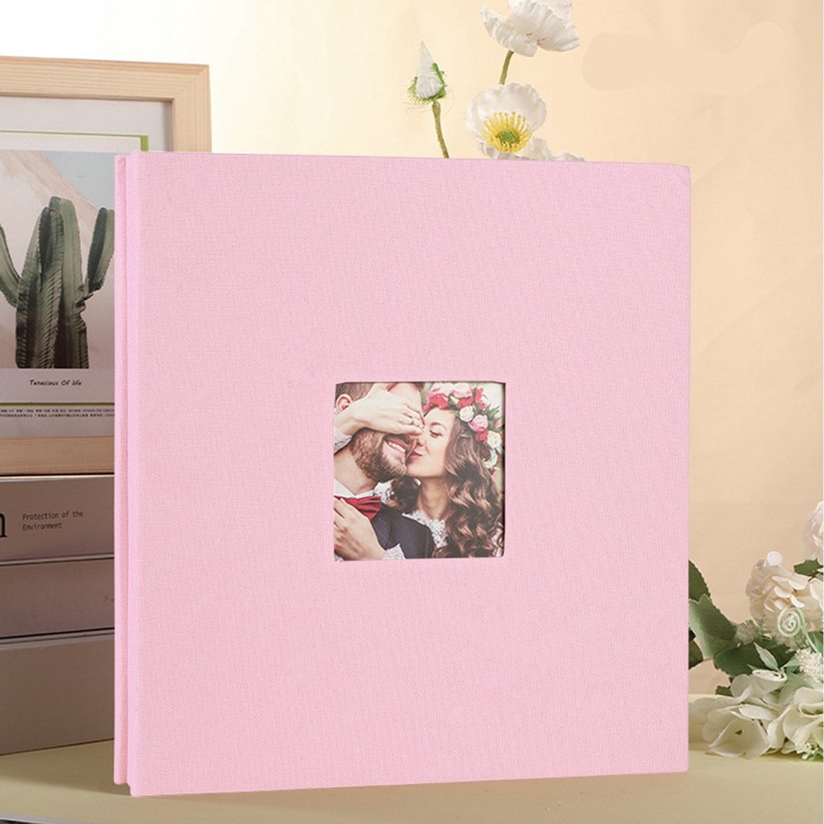 Roze zelfklevend fotoalbum — Linnen kaft — Hoogwaardig herinneringsalbum — Zelfklevend/met beschermfolie (doe-het-zelf) — Perfect voor het bewaren van dierbare herinneringen aan familie, bruiloften, reizen en baby's — (260 x 280 mm)