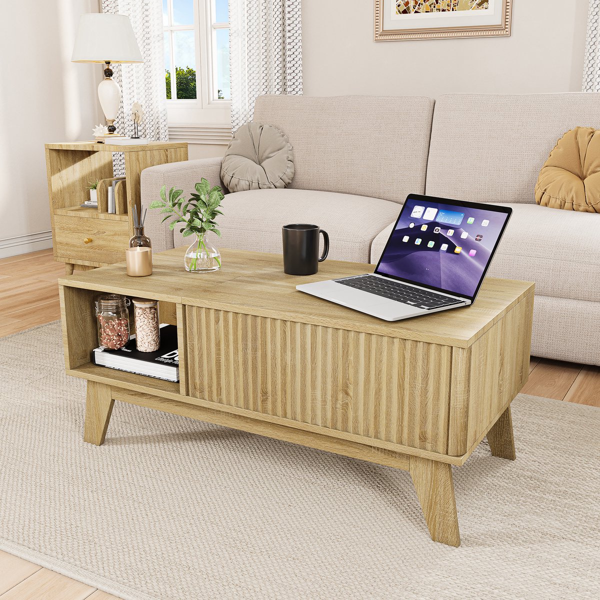 Yelenaro Rechthoekige Salontafel met Hefmechanisme en Opbergruimte, Minimalistisch ontworpen salontafel, multifunctionele tafel voor woonkamer en thuiskantoor, houtkleur