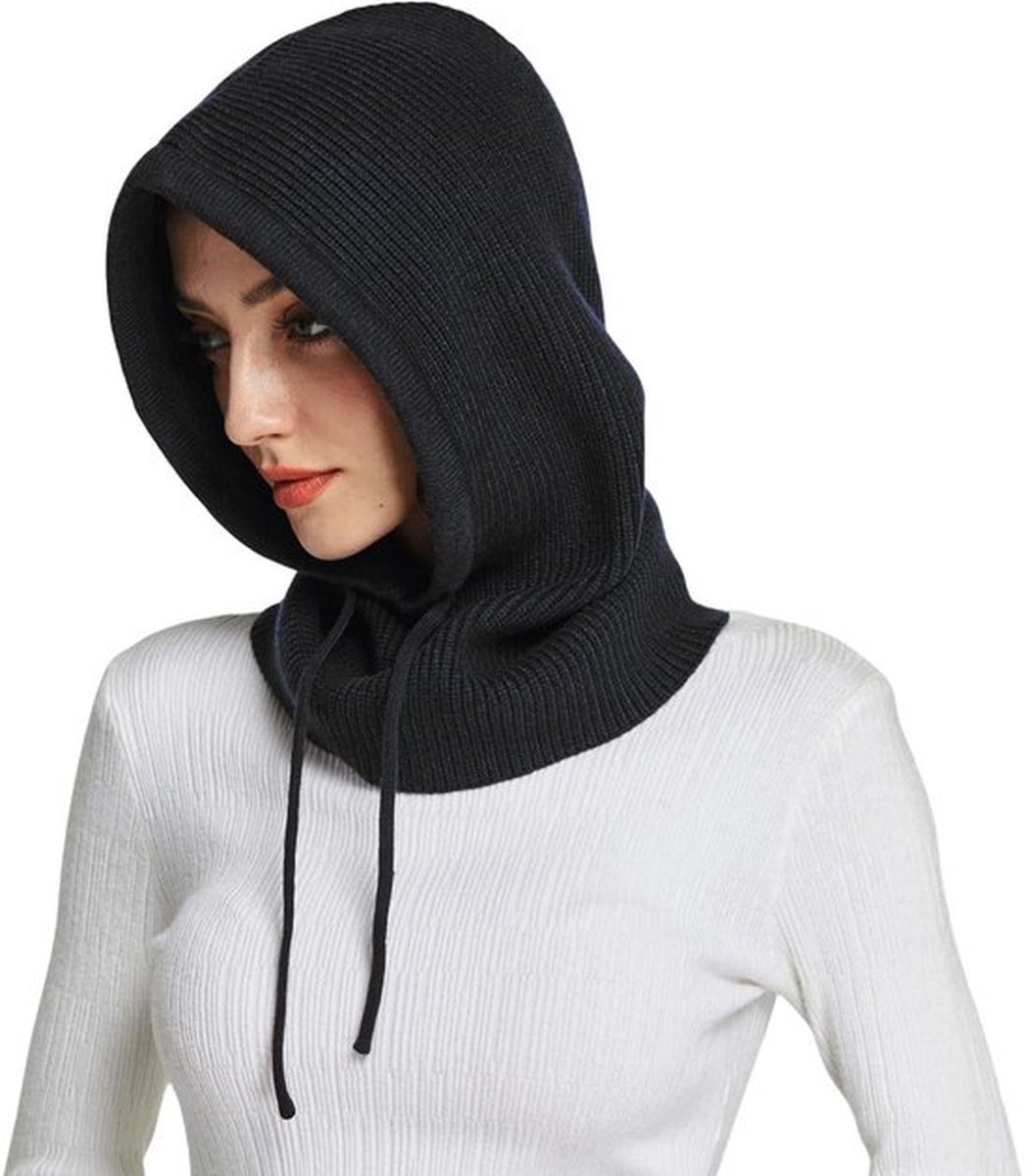 Gebreide Balaclava Met Trekkoord Dames Gecombineerde Muts en Nekwarmer Warm Winter Hoofddeksel Windbestendig voor Dagelijks en Buitengebruik Zwart