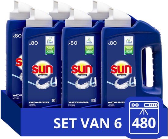 Voordeelverpakking van 6 x 80 wasbeurten Sun Classic vaatwaspoeder in blauwe flessen met witte deksels, in een kartonnen display met 'SET VAN 6' en '480'.