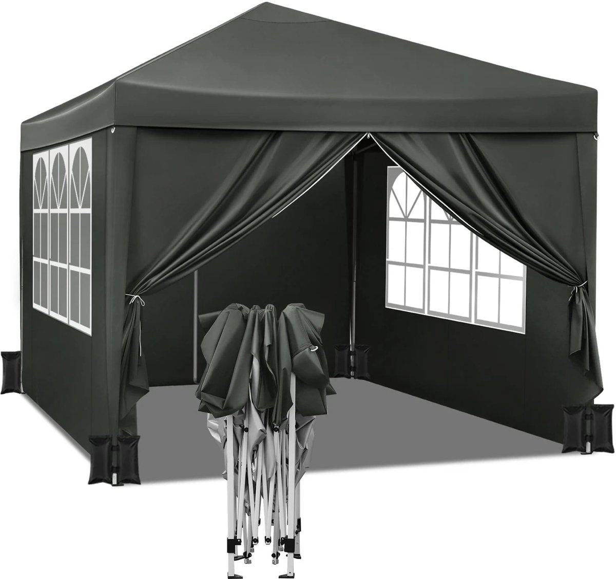 Klarven® Partytent Grijs - Waterdicht en windbeschermd, Snelle opbouw met vouwsysteem, 4 zandzakken inbegrepen - Gecoat ijzeren frame, B 2,5 x D 2 x H 2 m