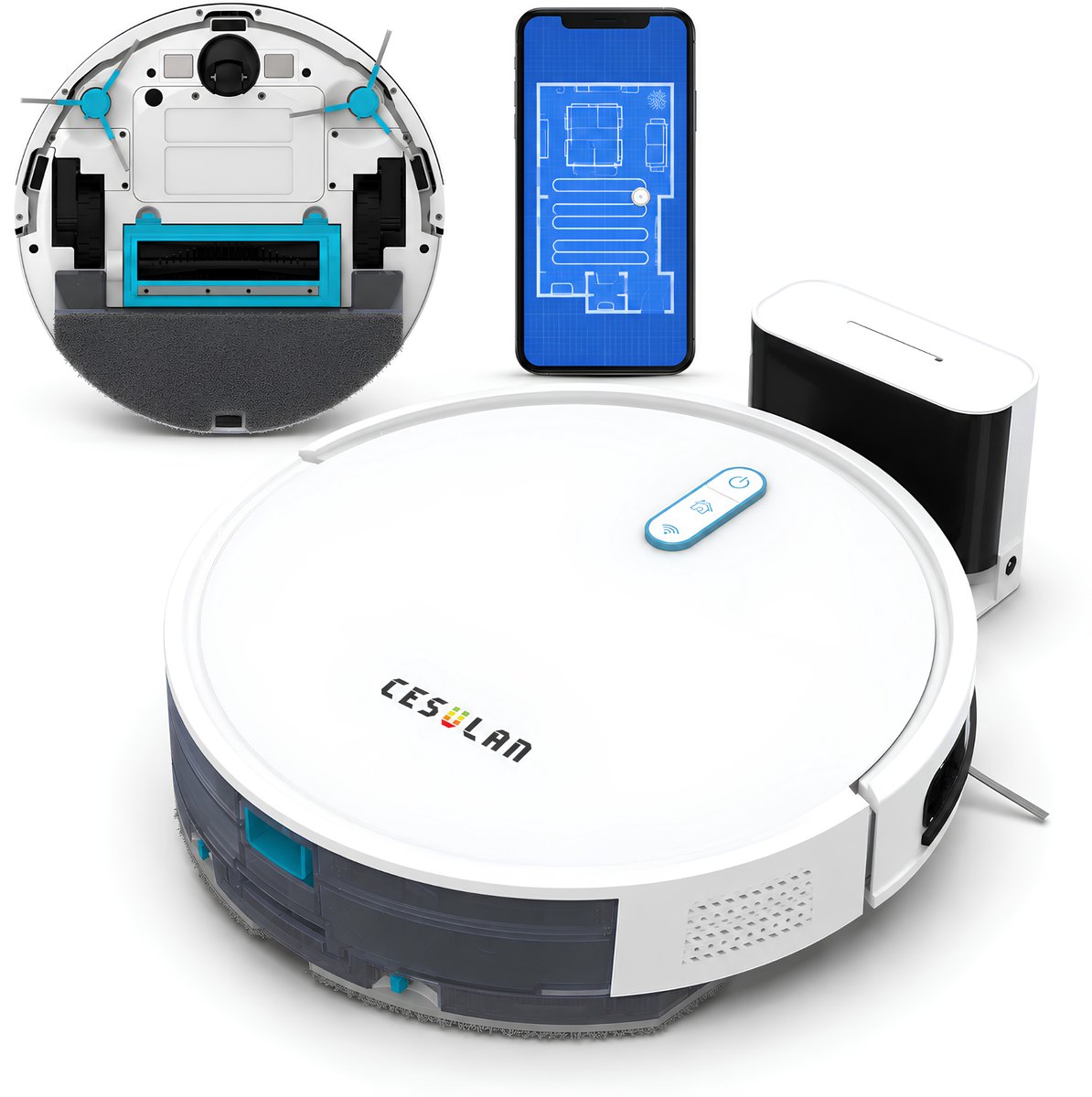Cesulan 3-in-1 Robotstofzuiger met Dweilfunctie – Robotstofzuiger met Laadstation – Dweilrobot robotstofzuiger – 3000 Pa – met App – Slimme Navigatie – Vacuum Cleaner