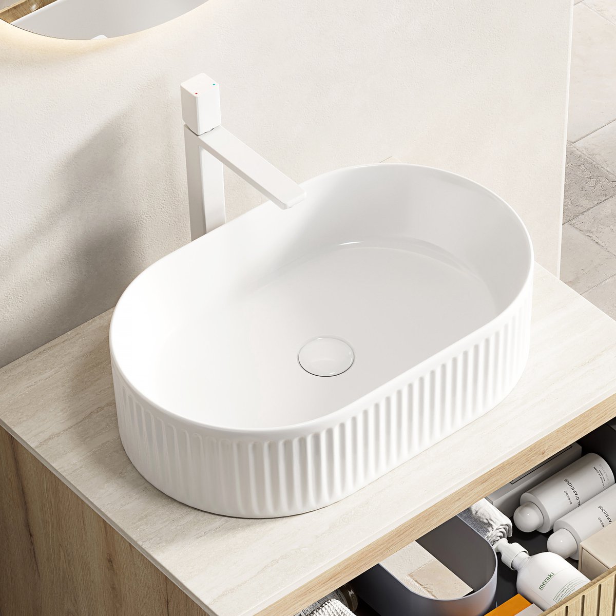 FloraGrace Waskom - Ovale Opzetwastafel Van Keramiek Met Streeppatroon - Voor Moderne Badkamer En Wastafelmeubel - Wit - 49 Cm