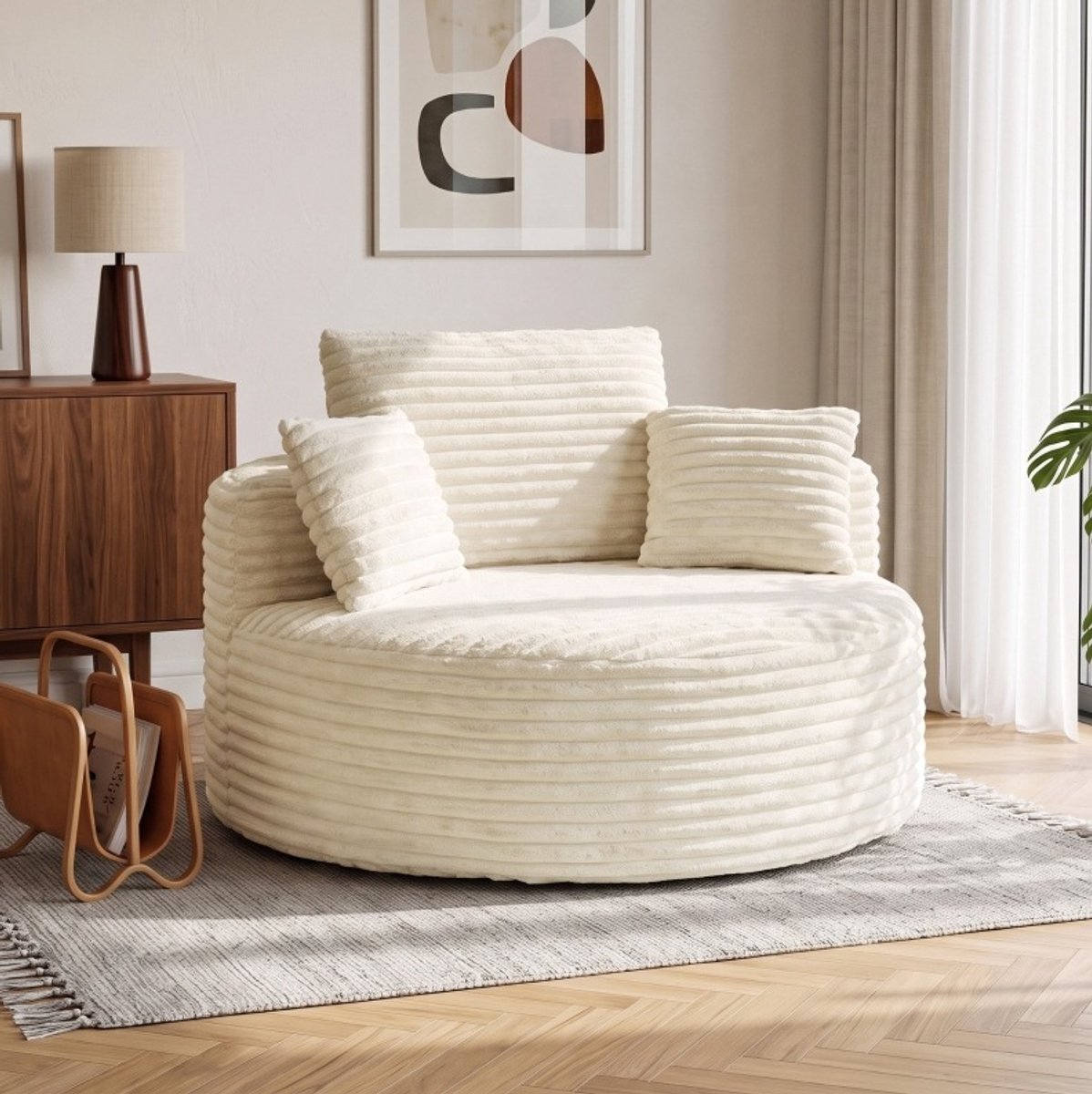 OKWISH Fauteuil – 1-Zits Diepe Zitbank met 4 Kussens – Volschuim, Extra Comfort en Brede Zitting – Voor Woonkamer en Leeshoek – Polyester – Crème
