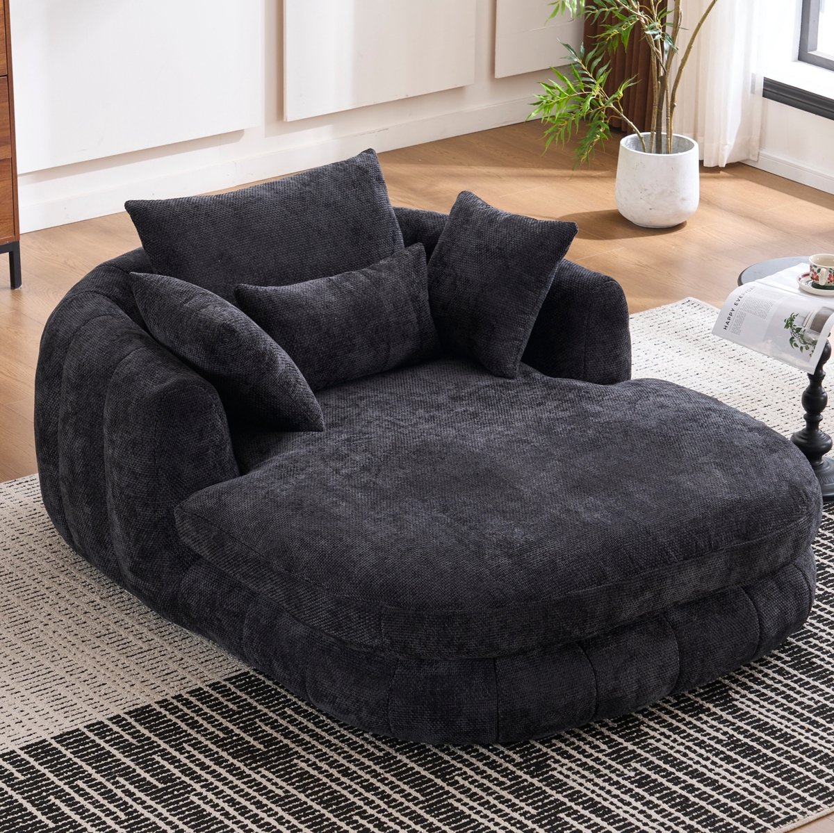 OKWISH Chaise Longue 1-Zits Met Armleuningen En Kussens Voor Woonkamer Of Leeshoek Van Chenille Zwart