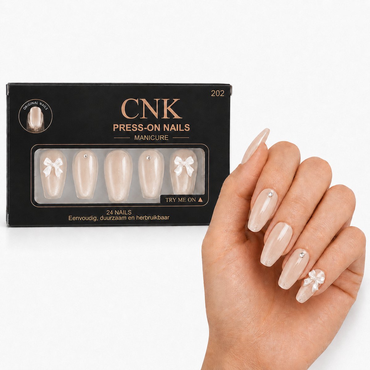 CNK 202 Press On Nails - Plaknagels - 24 Kunstnagels met Nagellijm, 24 Zelfklevende Plakstickers, Cleaner Wipe, Nagelvijl, Woodstick & Size Matcher - Nepnagels voor 7-14 Dagen - Herbruikbare Press-On Nagels - Starterspakket voor Manicure & Nail Art