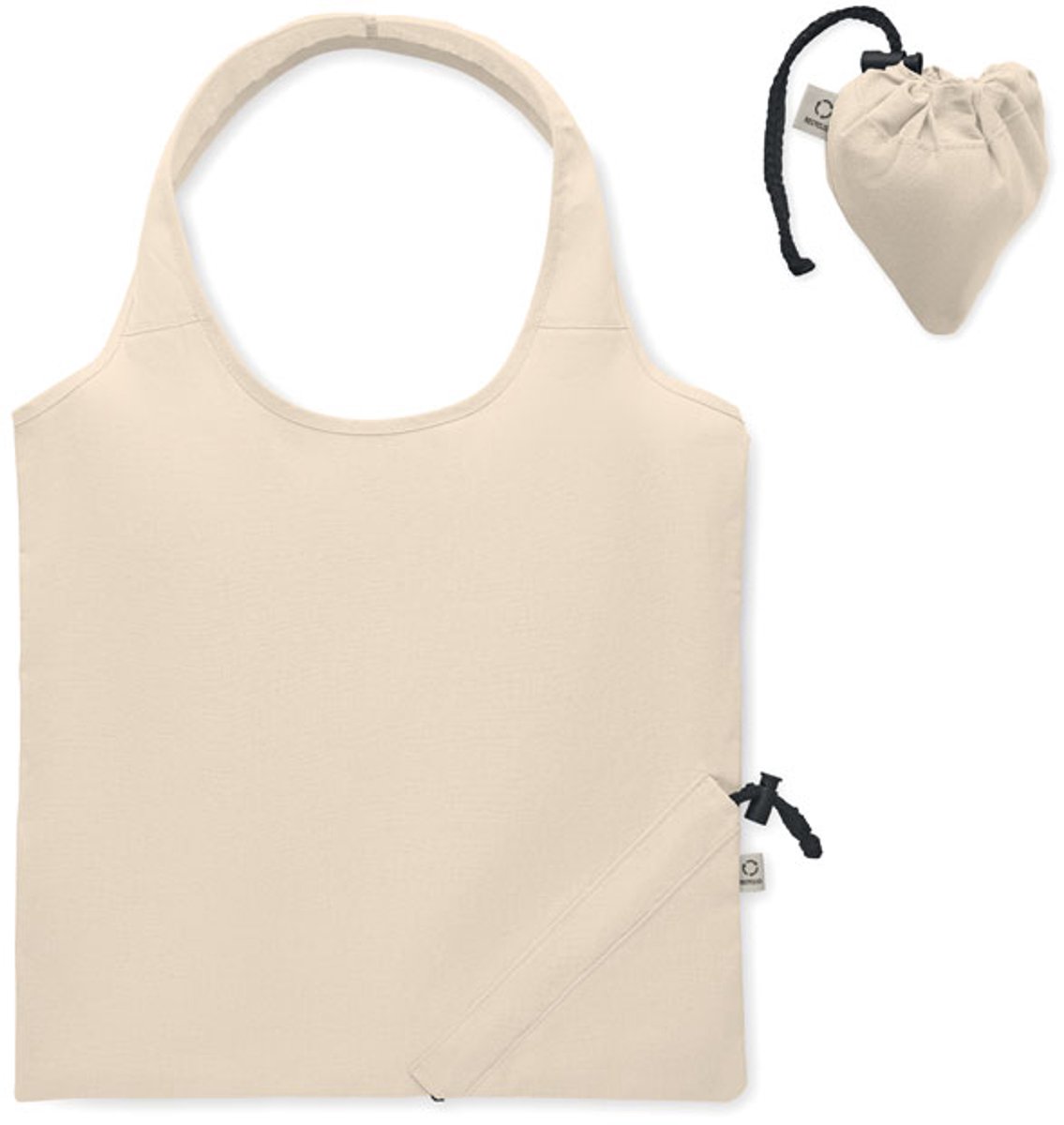 Opvouwbare boodschappentas van gerecycled pre-consumer katoen (70% gerecycled katoen en 30% RPET). Beige